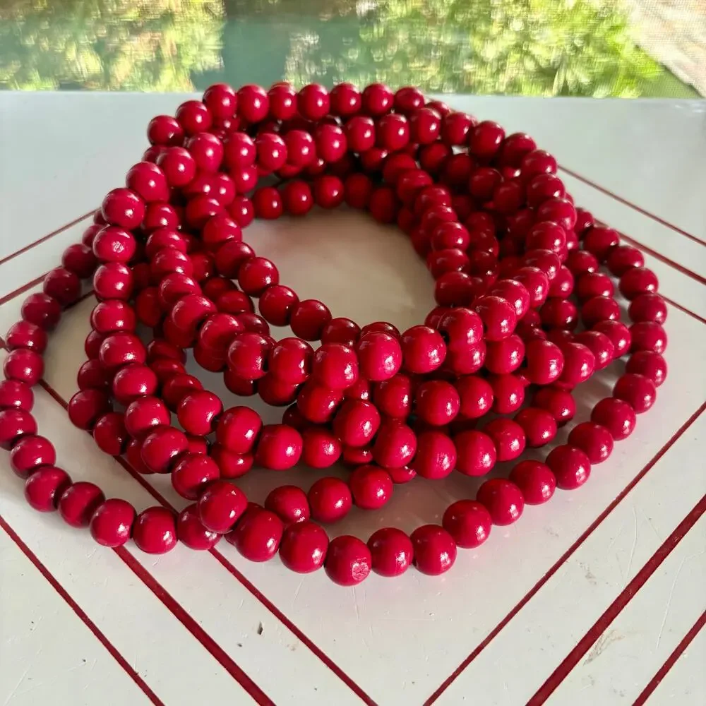 Vintage Bright Red Wooden Bead Garland 12 Ft Rustic Farmhouse Decor
